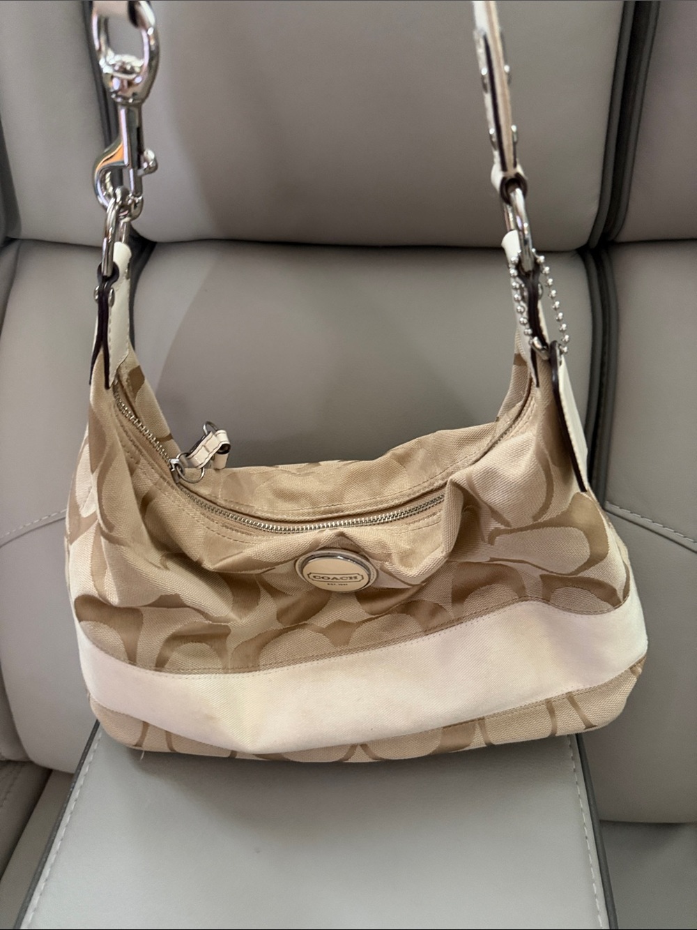 Coach Tan Signature Canvas Shoulder Bag with Cream Trim